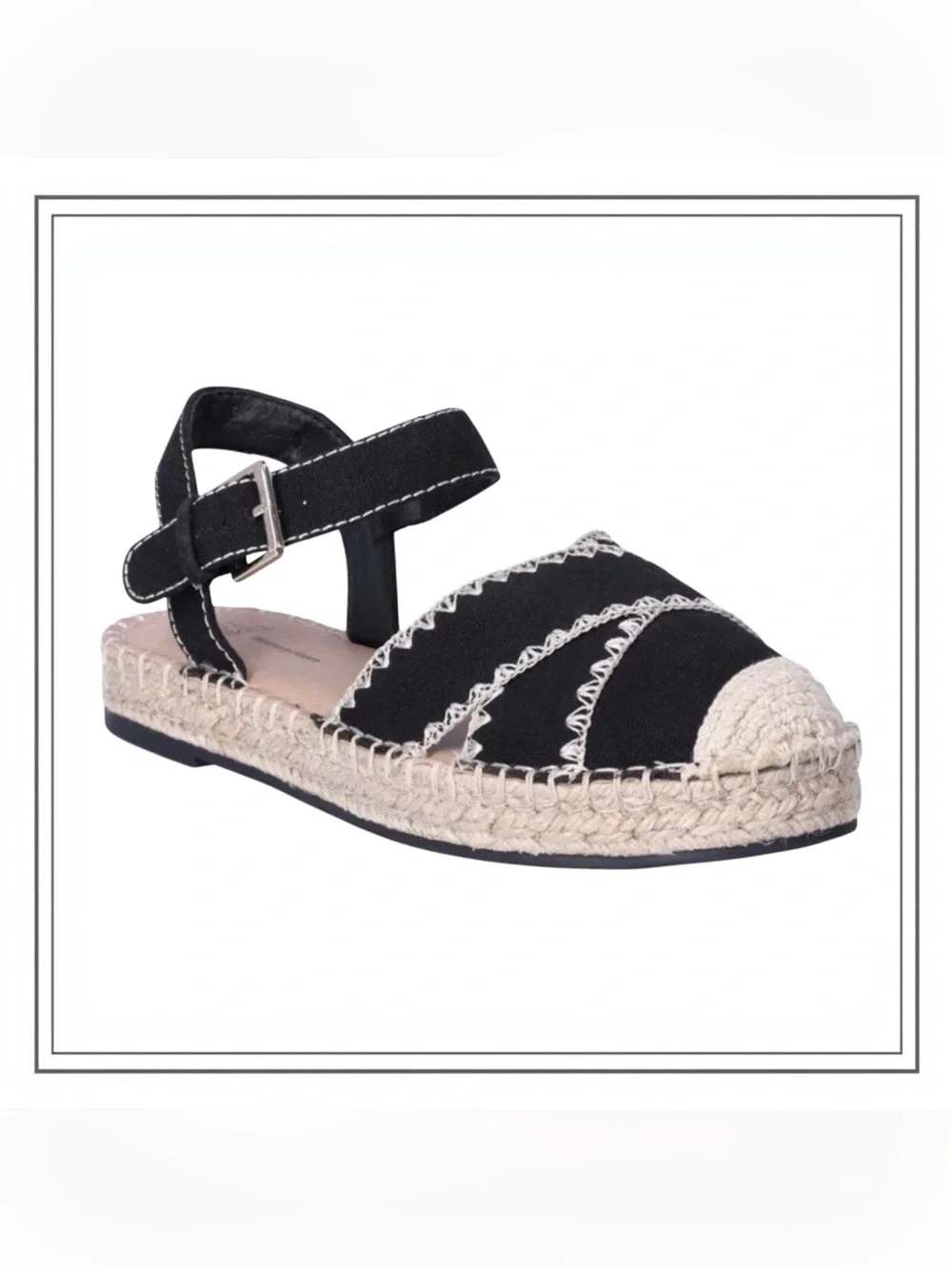 Time and Tru Black And Tan Espadrille Flats Sandals With Ankle Strap Women’s 6.5